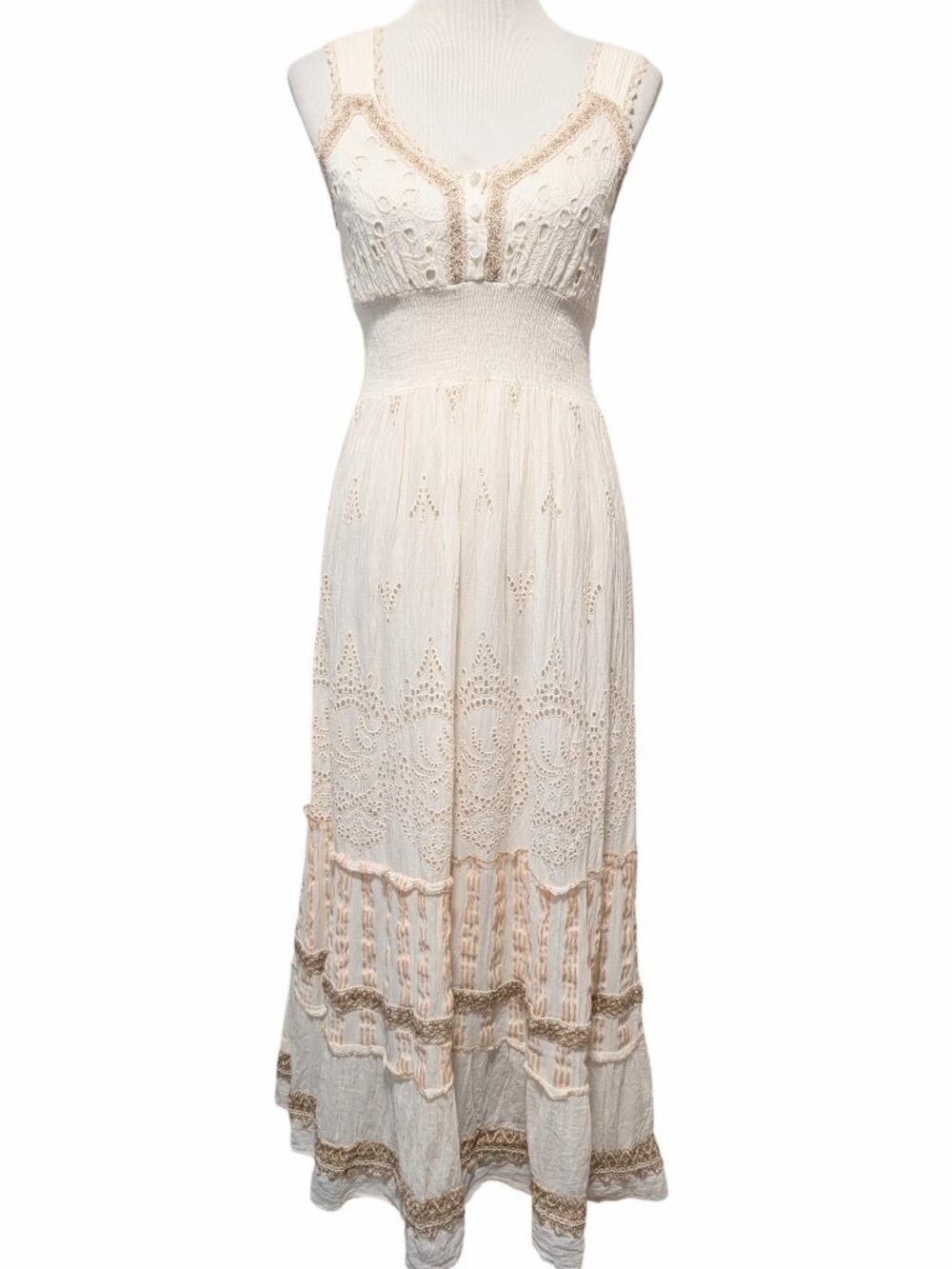 Me 2 Magic Womens Size M Cream Gold Metallic Trim Eyelet Tiered Boho Maxi Dress